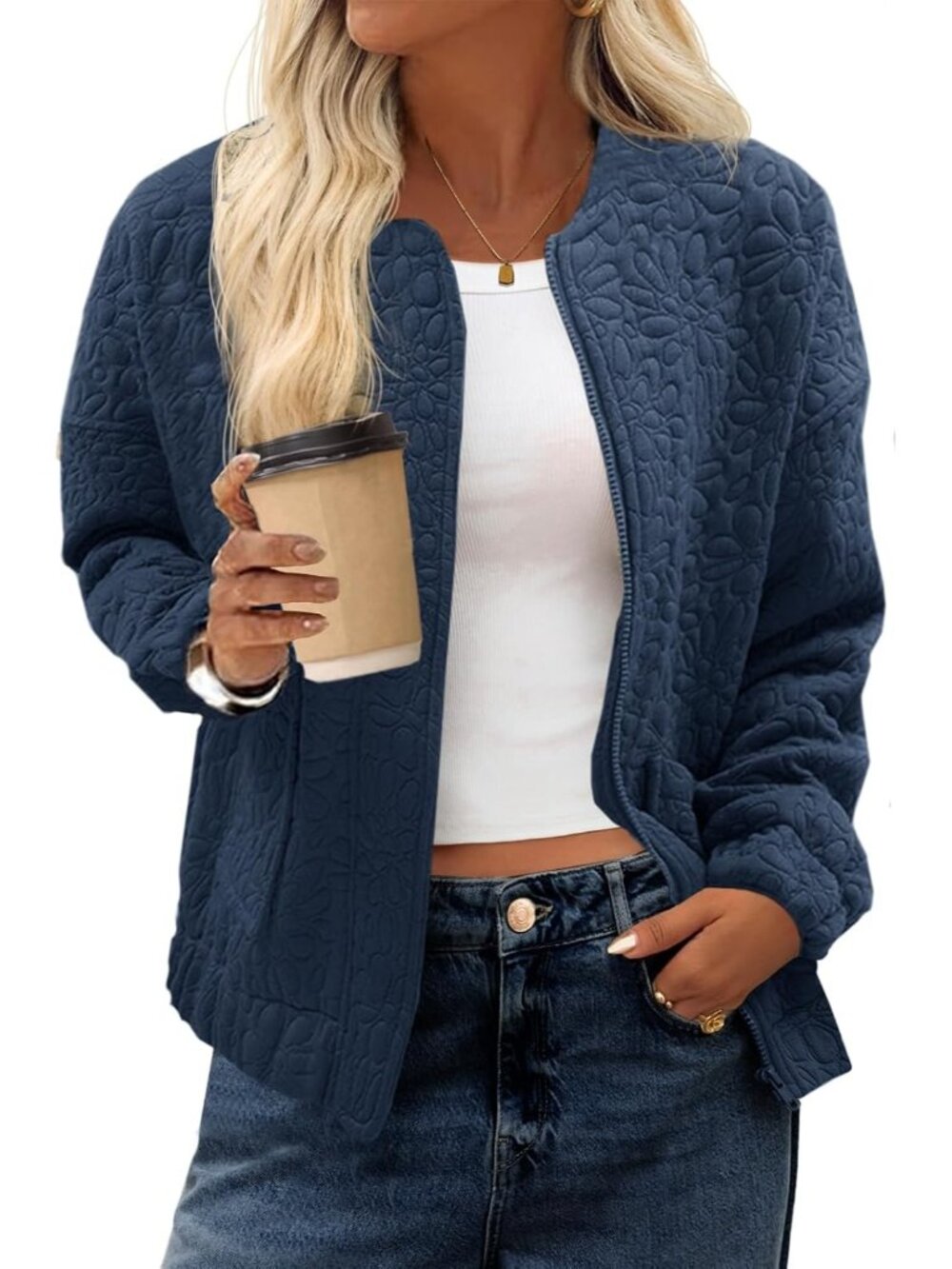Women's Navy Blue Jacquard Bomber Jacket Zip Up Lightweight Casual Fall Coat
